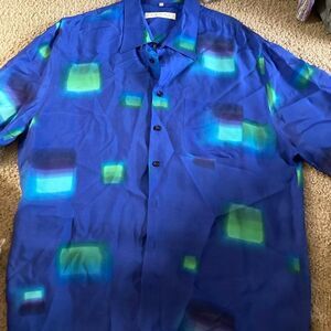 Mens Haupt Blue and Green Abstract Patterned Button Down Shirt